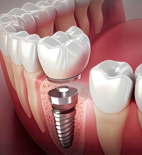 Illustrated dental crown being placed on a dental implant to replace a missing lower tooth